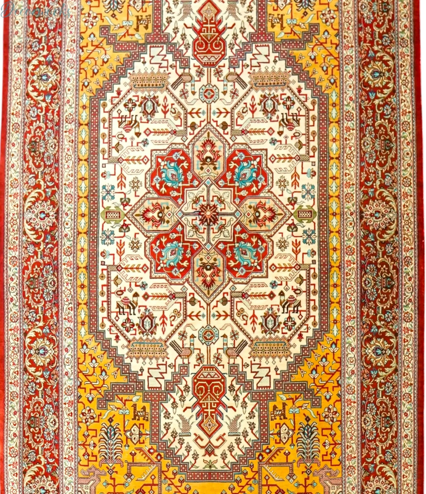 145×103cm　  ペルシャ絨毯　クム産　カシザード房　シルク 100% Decorworks