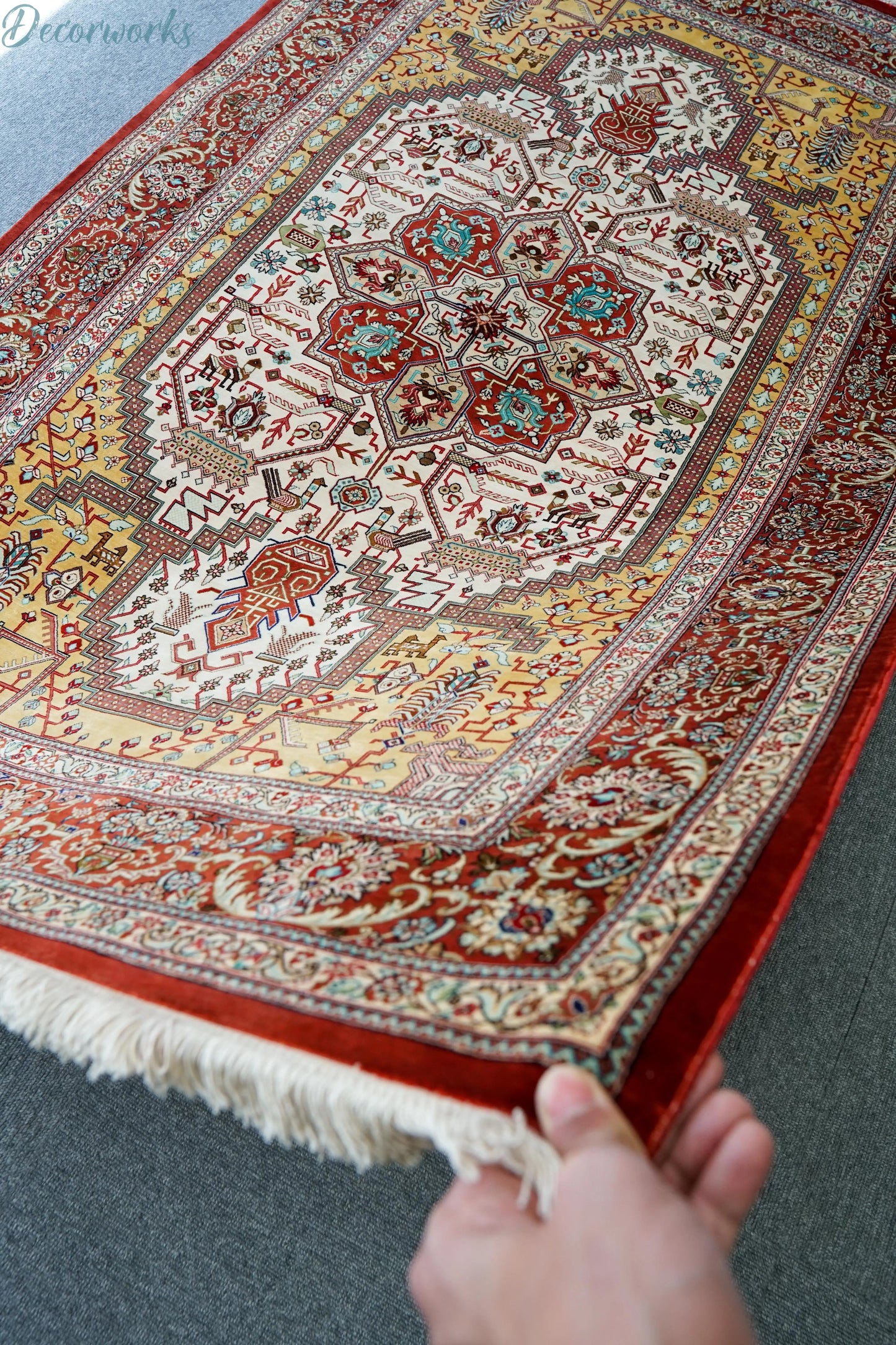 145×103cm　  ペルシャ絨毯　クム産　カシザード房　シルク 100% Decorworks
