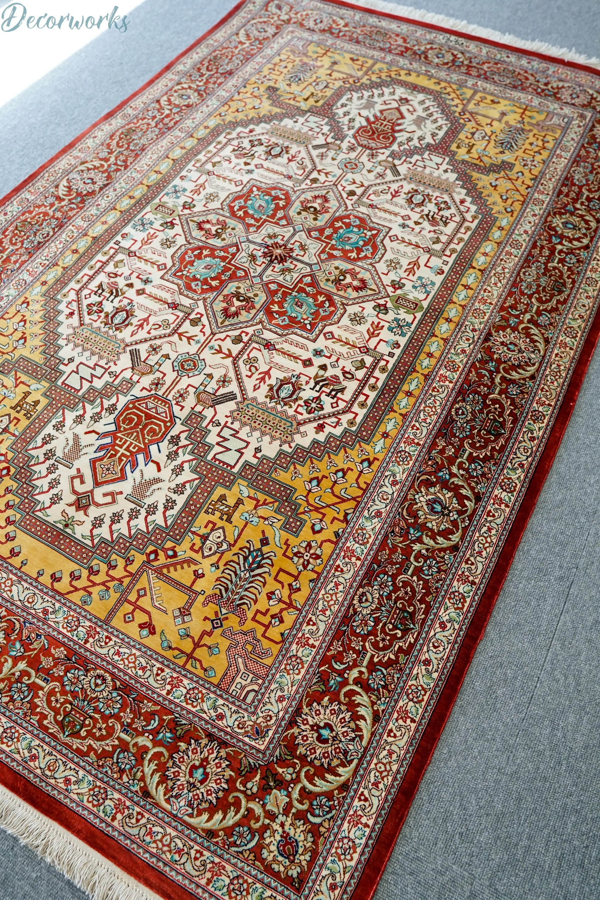 145×103cm　  ペルシャ絨毯　クム産　カシザード房　シルク 100% Decorworks