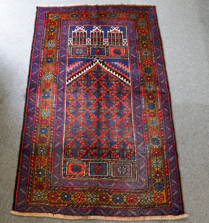 141×89cm バルーチ 手織り絨毯 　ペルシャ絨毯 トライバルラグ　ヴィンテージラグ Prayer Rug